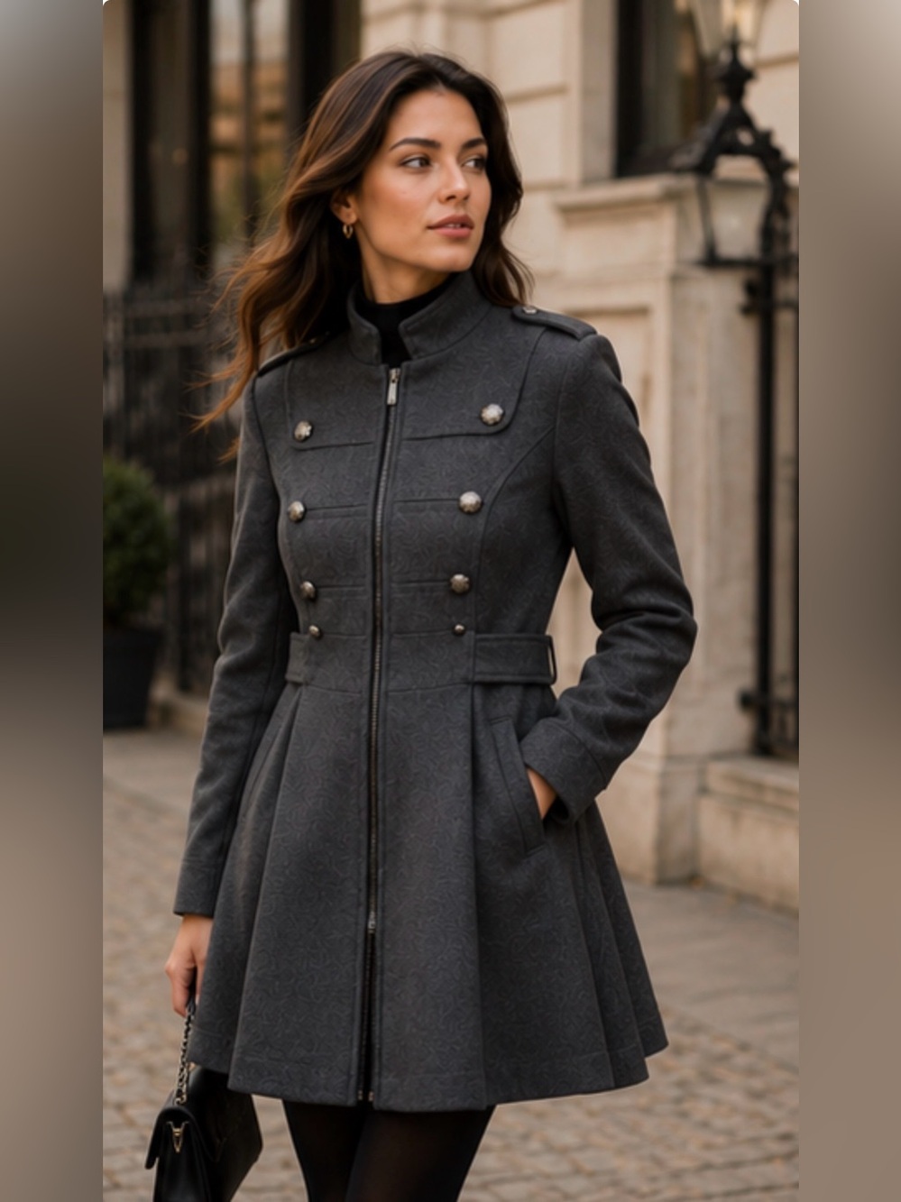 Womens Military-Style Wool-Blend A-Line Coat - Dark Charcoal